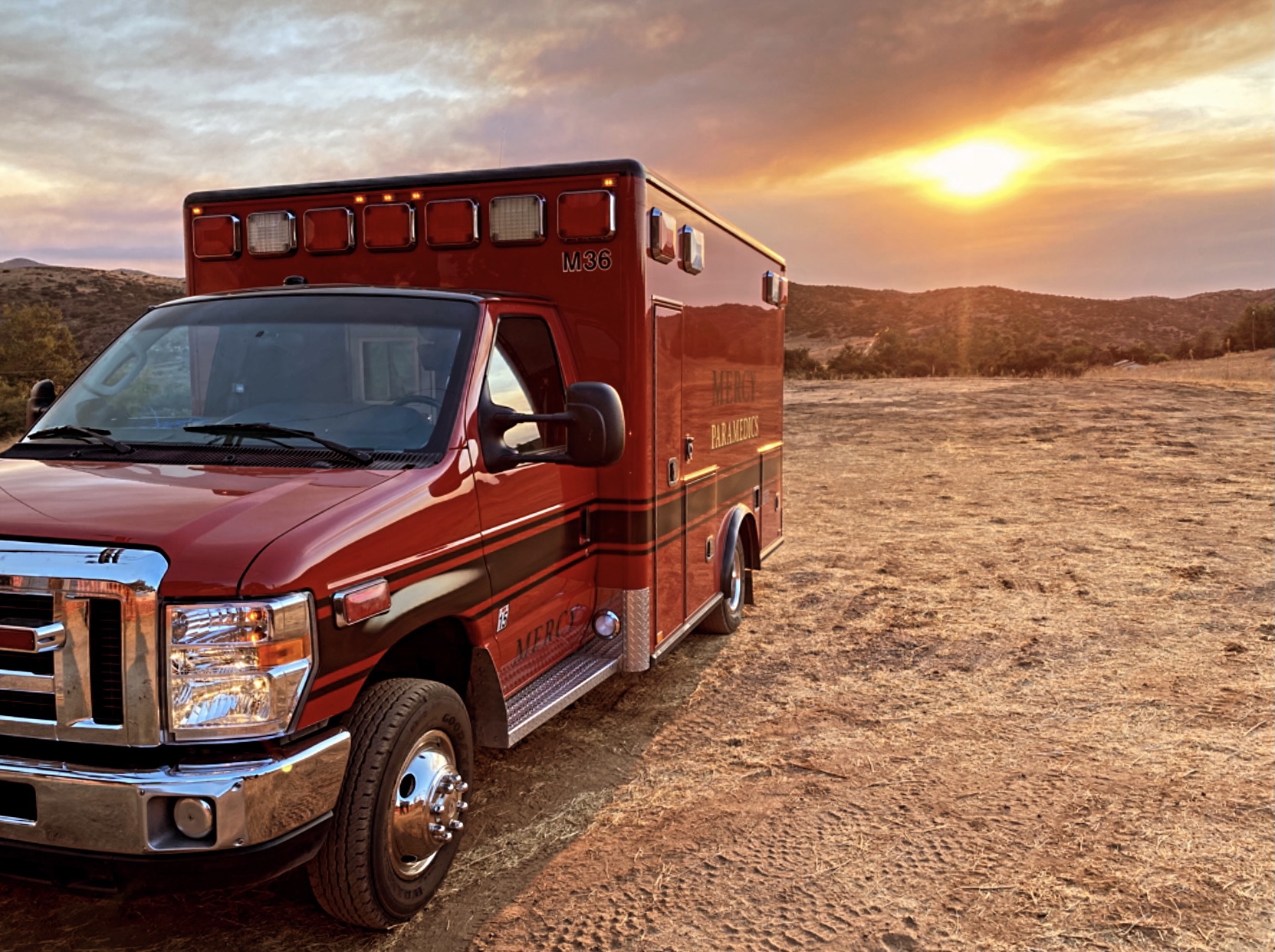 A Mercy Medical Transportation ambulance at first light
